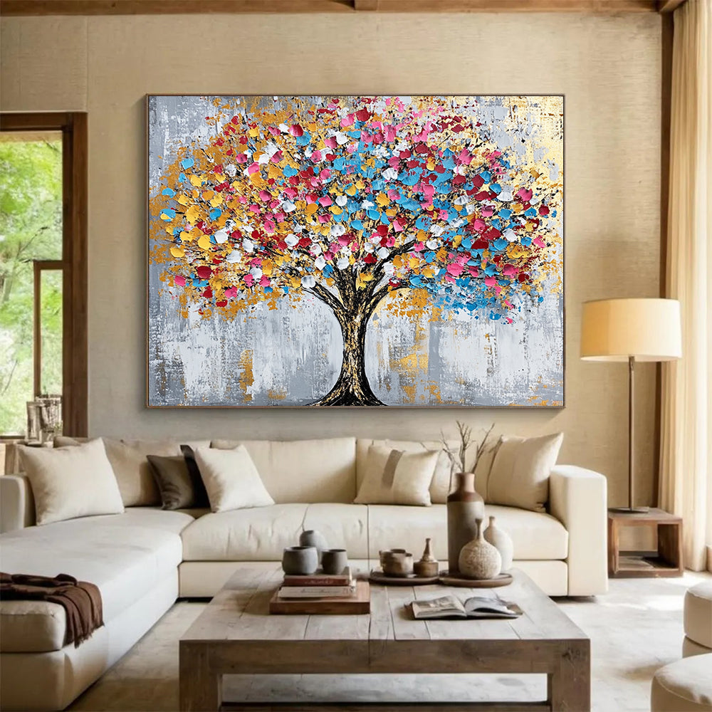 “Colorful Dot Tree” - Gray background, multicolor dots, golden accents, Abstract Tree Painting On Canvas HB0590