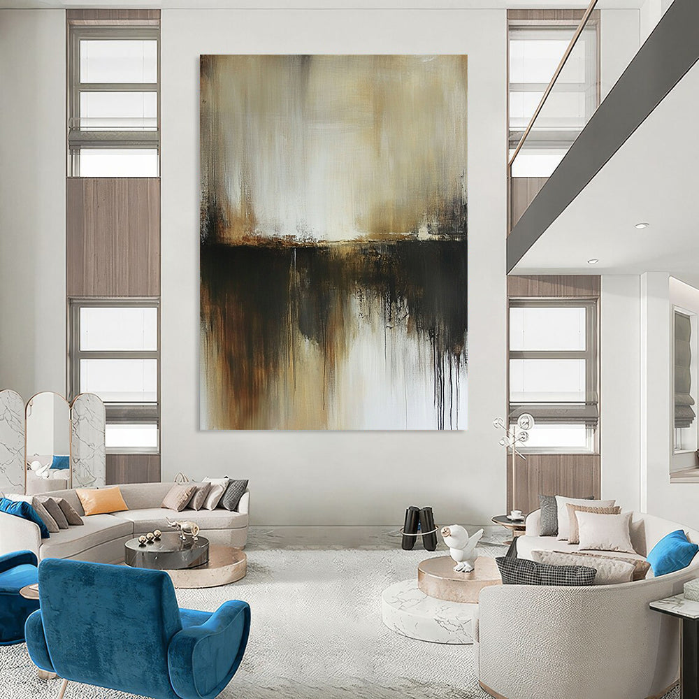 Contemporary hand-painted abstract art in neutral browns and greys evokes a dark grungy misty atmosphere with subtle beige and white tones. DLZ0528
