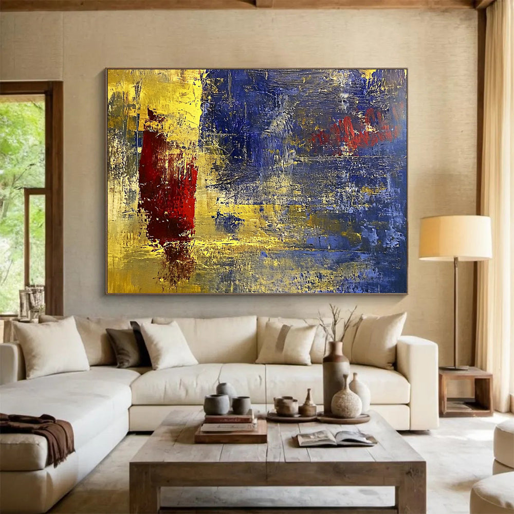 “Golden Blue Abstract” - Gold, Blue, Red, Textured Abstract Shapes Painting On Canvas HB0947