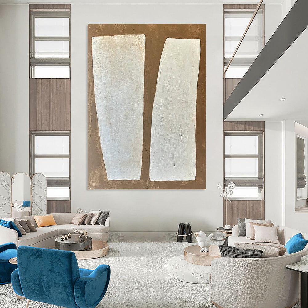 Large contemporary hand-painted abstract art featuring white rectangular forms on a textured brown and white background with soft edges and a minimalist style. DLZ1750