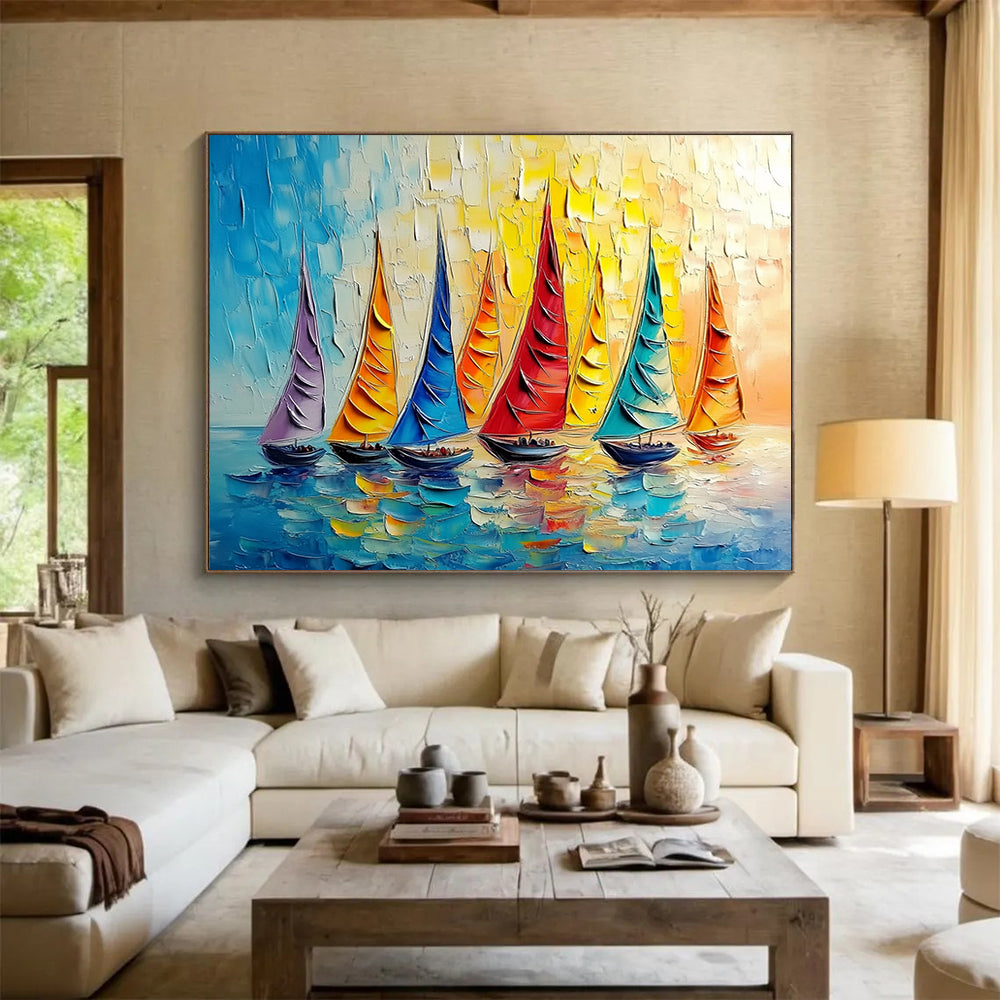 “Rainbow Sailboat Regatta” - Vivid Purples, Oranges, Blues, Colorful Sailboats - Impasto Oil Painting HB1735