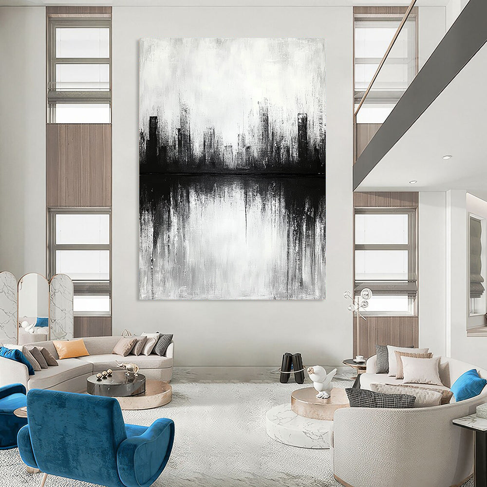 Contemporary abstract artwork featuring a cityscape with lake reflections soft focus and neutral tones creating a tranquil and contemplative atmosphere. DLZ0301