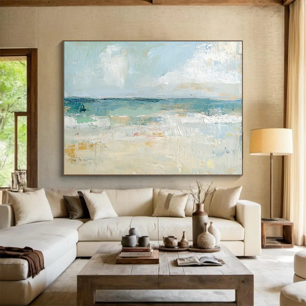 “Pastel Beach Serenity” - Light Blues, Creams, Soft Golds, Calm Beach - Impressionist Oil Painting HB1565