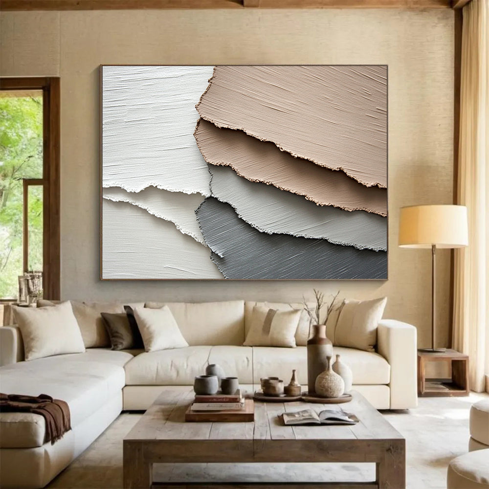“Neutral Textured Layers” - White, Beige, Gray, Textured Abstract Shapes - Mixed Media Art HB1646