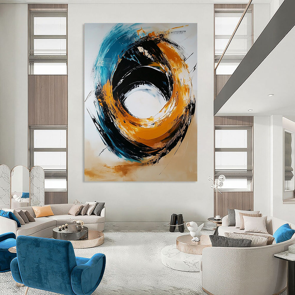 Contemporary hand-painted abstract artwork featuring a black and gold color scheme with a light orange circle and navy blue turquoise swirls against a white background. DLZ0446