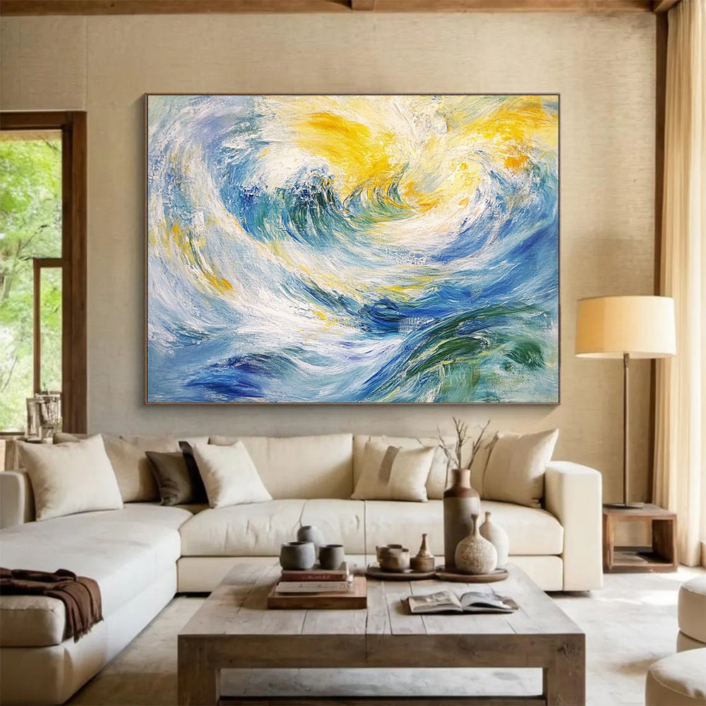 “Swirling Wave Dream” - Blue, yellow, white, green; Fluid strokes mimic ocean waves; Impressionistic Seascape Oil Painting On Canvas HB1173