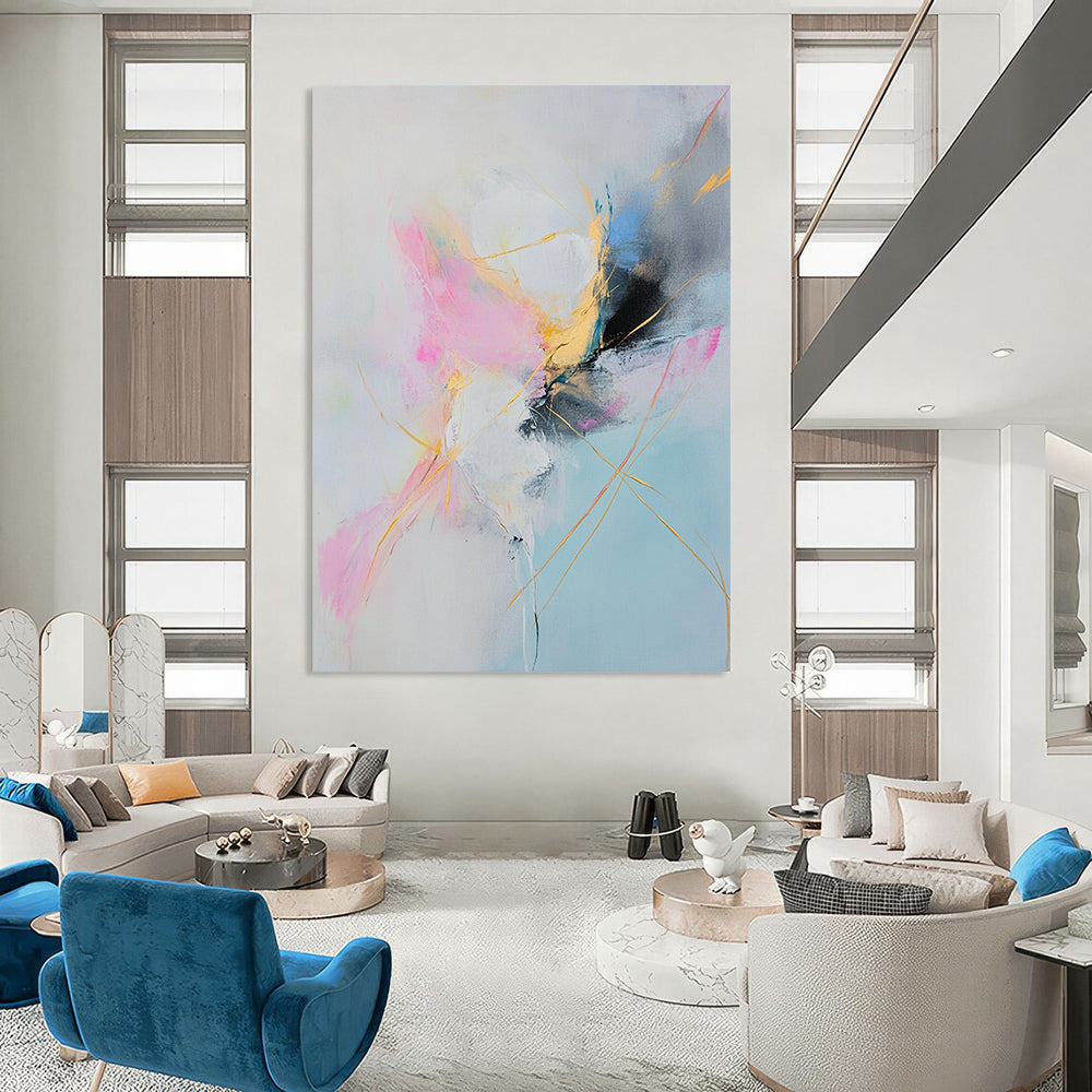 Large contemporary hand-painted abstract artwork featuring soft pastel colors and elegant golden lines in pink white blue yellow light gray and black. DLZ1061