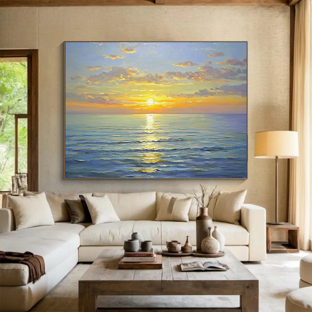 “Sunny Sea Sunset” - Bright Yellows, Oranges, Pinks, Blues, Colorful Ocean Sunset - Oil Painting HB1610
