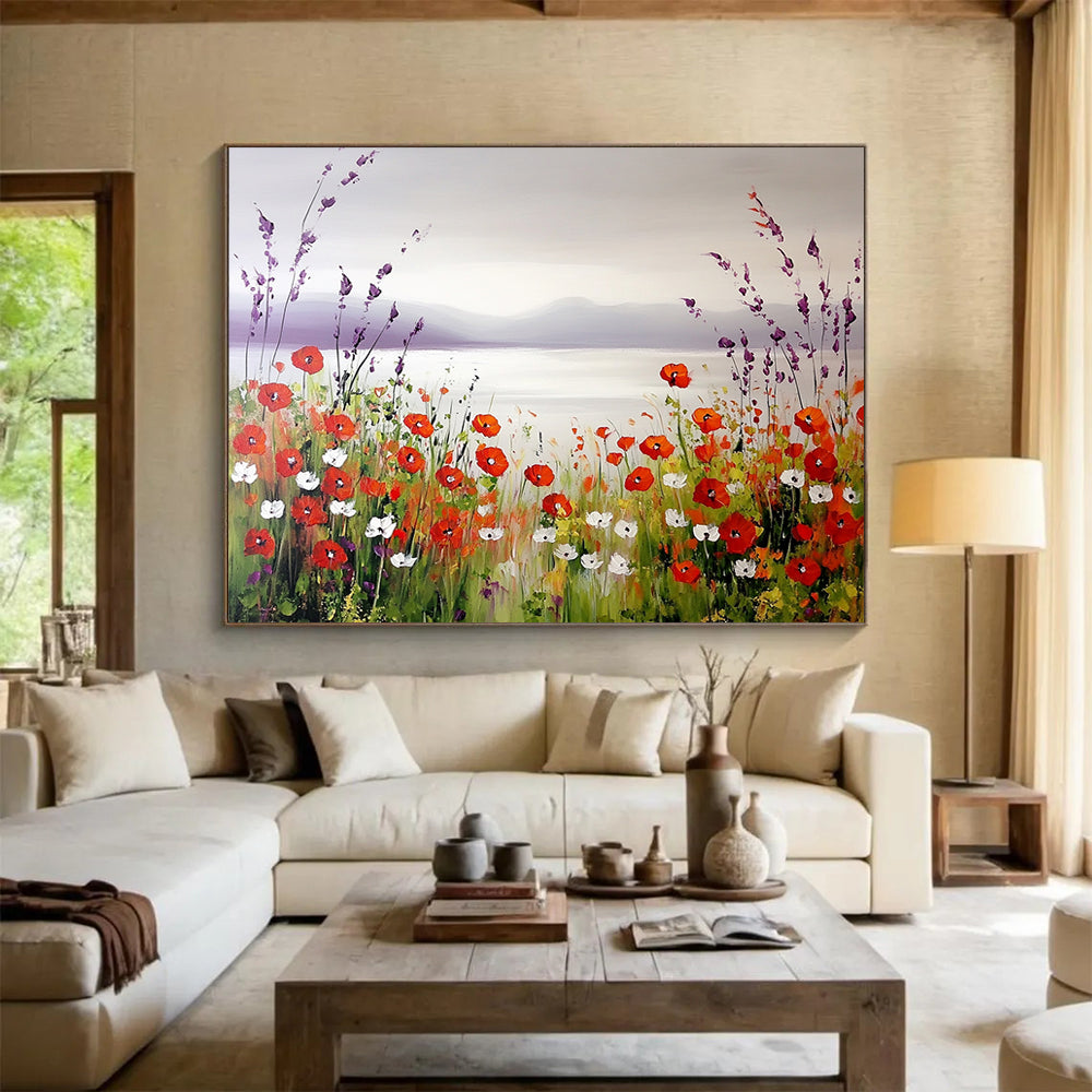 “Poppy Lake Serenity” - Red poppies, purple hills, blue lake, Idyllic Landscape Painting On Canvas HB0582