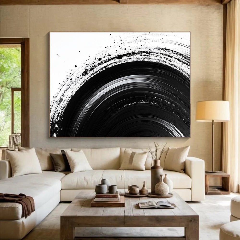 Black Concentric Brushstrokes on White - “Infinite Ink Vortex” Painting On Canvas HB217