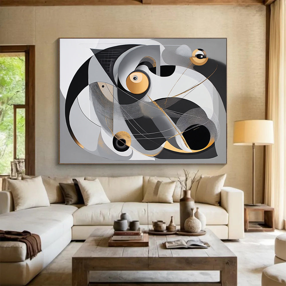 Gray, Black, White, Gold and Silver Abstract Composition "Cosmic Dance" Painting On Canvas HB358