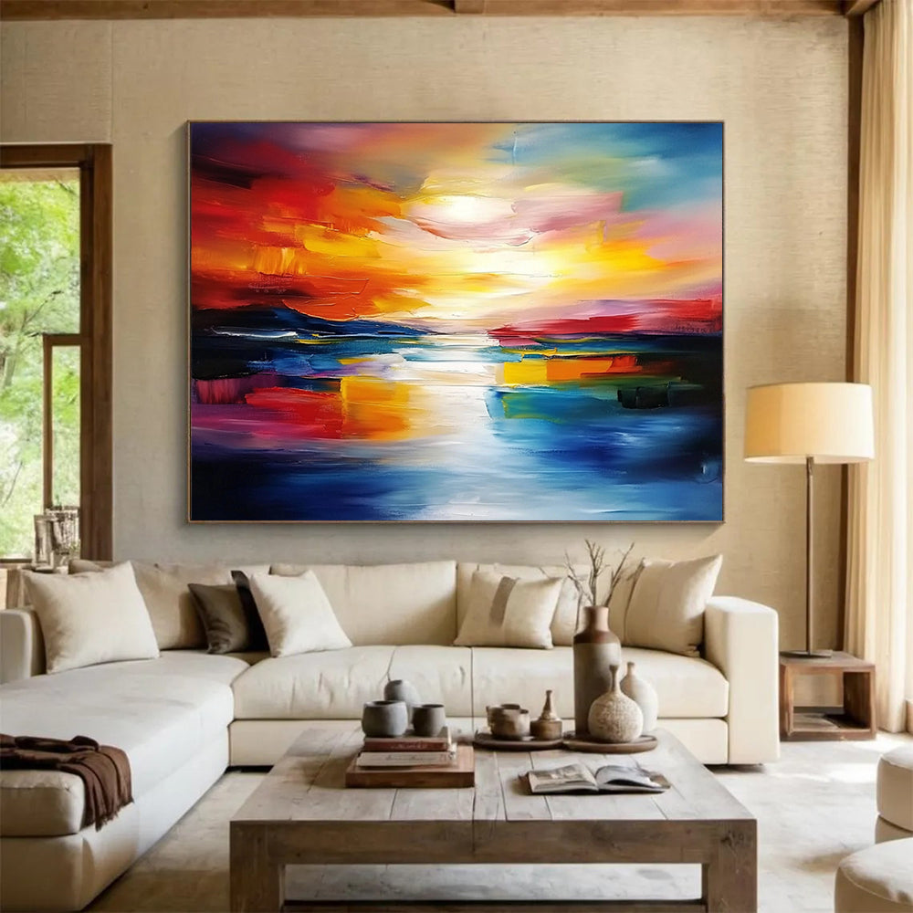 “Fiery Sunset Reflections” - Bold Reds, Oranges, Yellows, and Blues, Dramatic Sunset Over Water Painting On Canvas HB0910