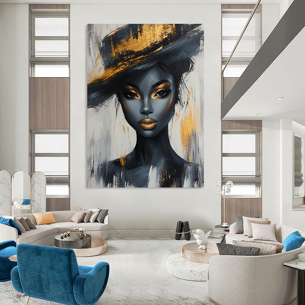 Contemporary abstract portrait of a Black woman with gold accents and elegant hat on white and grey background, crafted in acrylic on canvas. DLZ0784