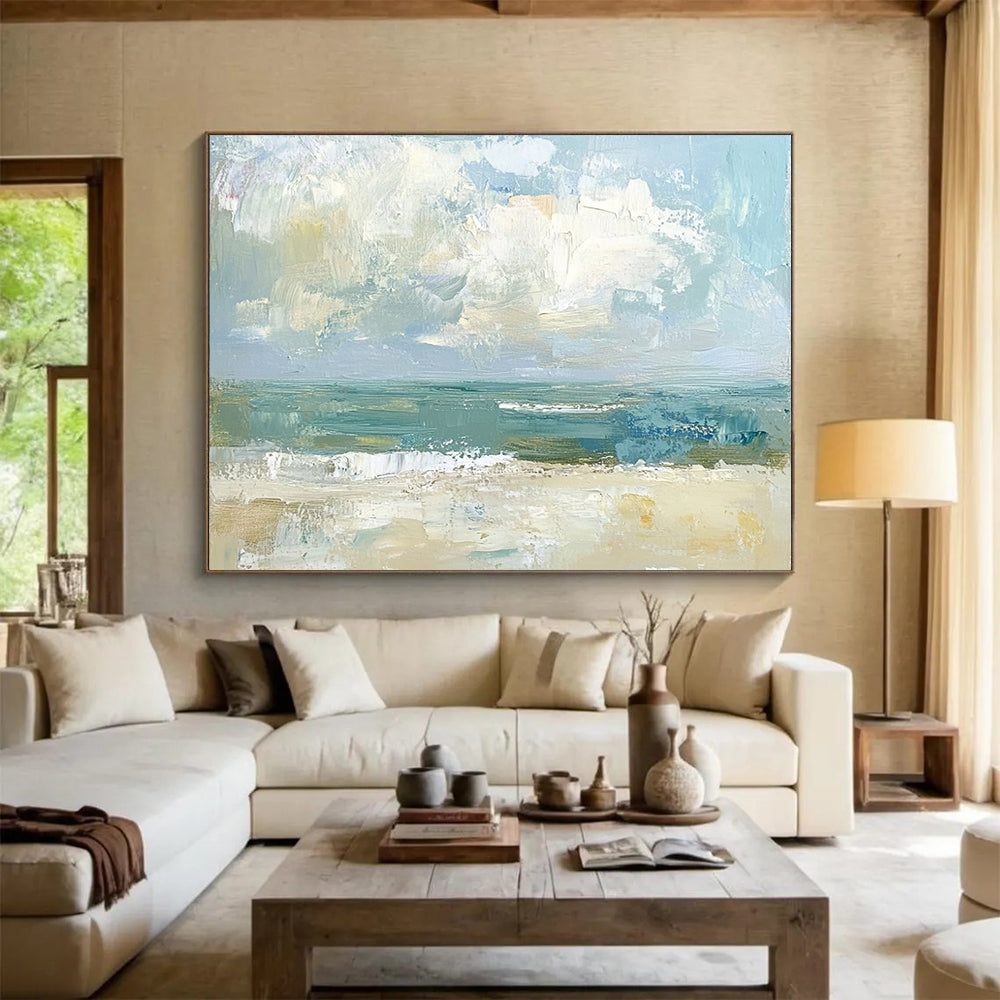 “Abstract Coastal View” - Muted Blues, Greens, Beiges, Textured Beach Scene - Oil Painting HB1613