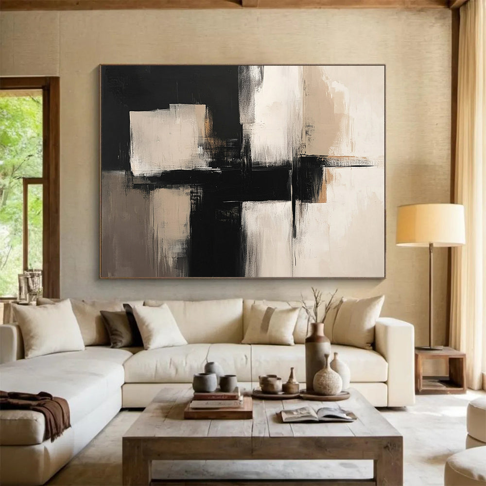 “Monochrome Geometry” - Black, White, Beige, Abstract Forms - Minimalist Acrylic Painting HB1517