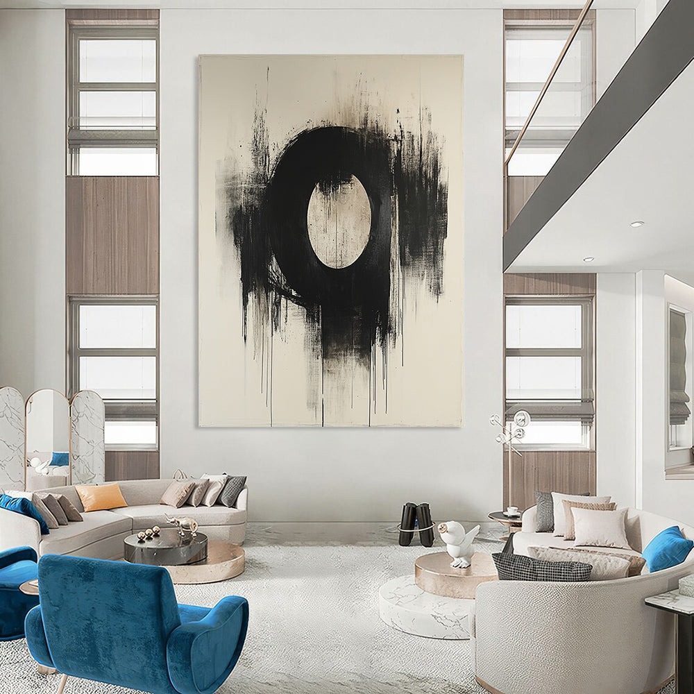 Contemporary abstract masterpiece featuring an oval in dark grey and beige on canvas with a textured finish showcasing artistic elegance. DLZ0859