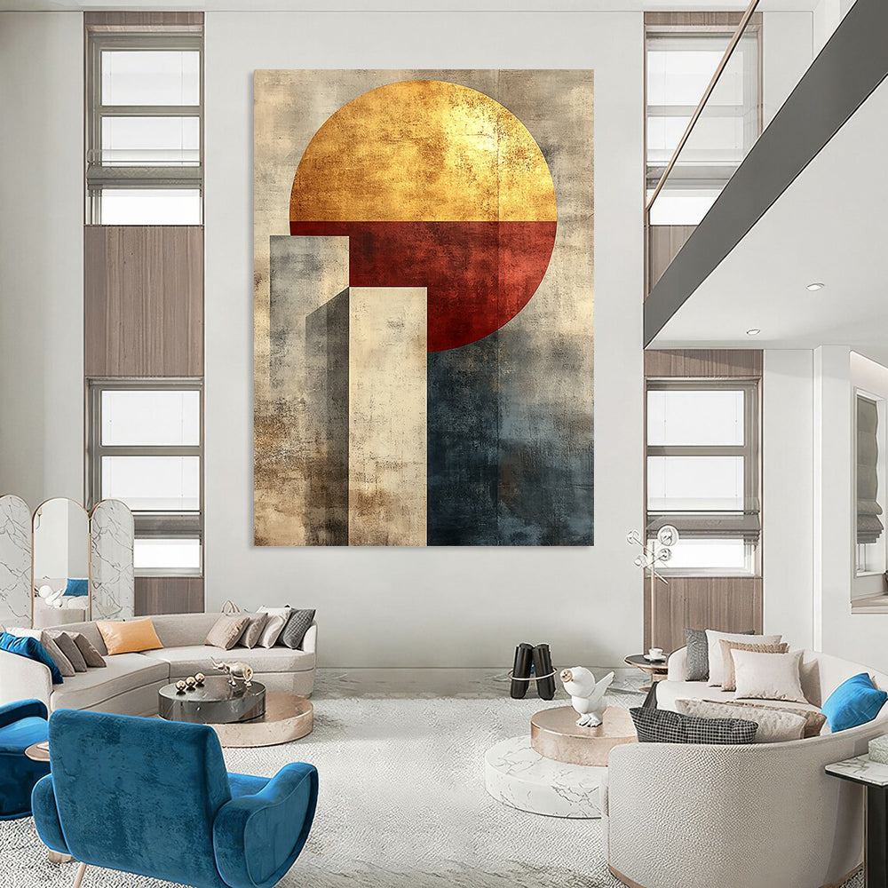 Contemporary abstract artwork featuring minimalist boho geometric shapes in muted tones with gold accents and a textured canvas finish. DLZ1343