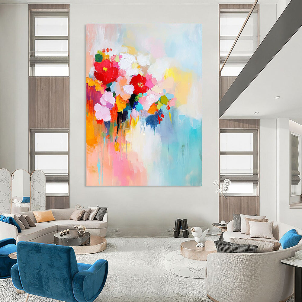 Contemporary abstract painting featuring vibrant colors large brush strokes and serene elements conveying a sense of harmony and joy with a central space for text. DLZ0733