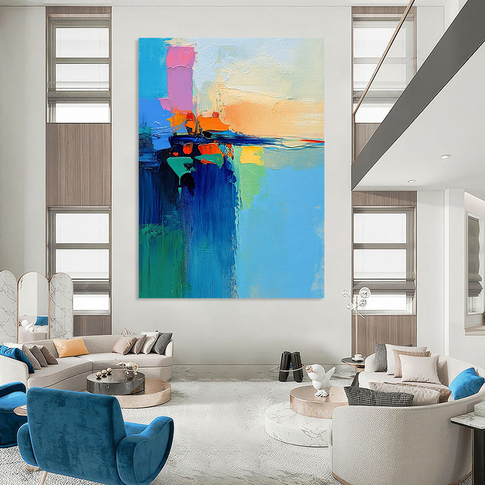 Contemporary abstract art featuring a vibrant lake and sky painted with a palette knife in dynamic brush strokes of blue green orange pink and yellow. DLZ0469