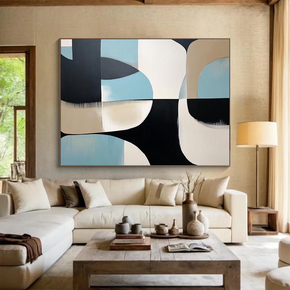 “Curved Geometric Abstract” - Black, white, beige, light blue; Curved geometric abstract shapes; Acrylic Painting On Canvas HB1253