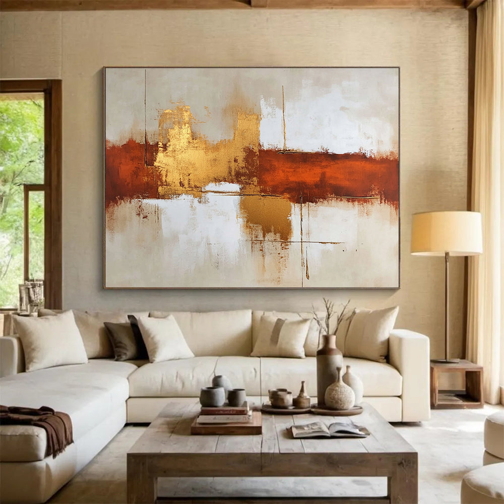 “Brown Gold White Abstract Horizons” - Brown, gold, white, beige; Abstract horizons with gold reflections HB1291