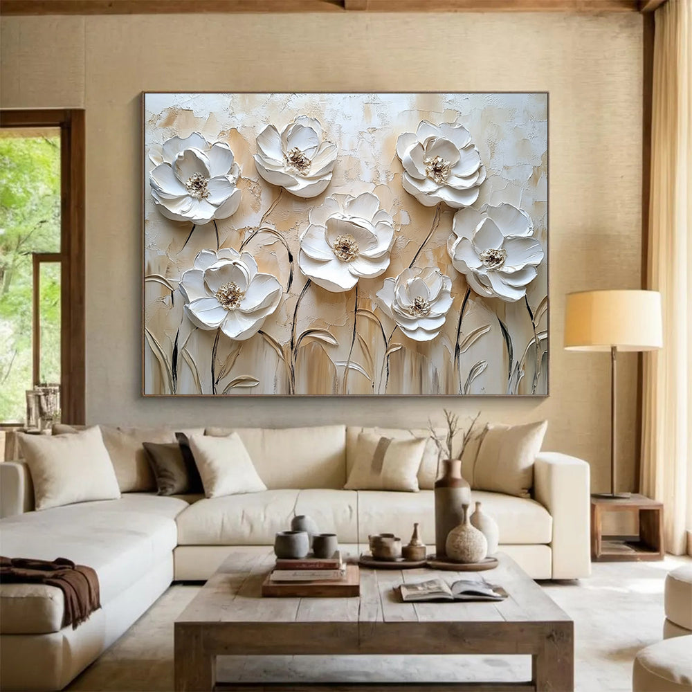 Beige and White Textured Flowers "Timeless Petals" Painting On Canvas HB0425