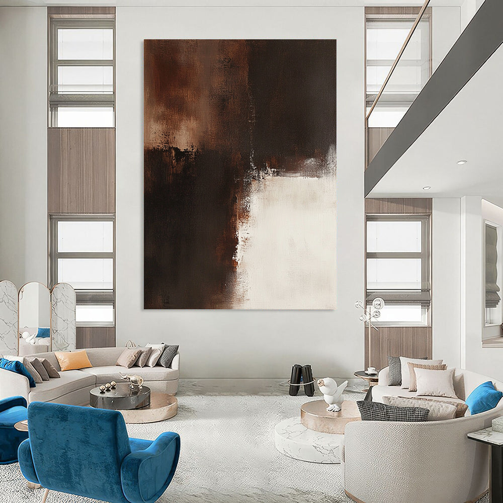 Big contemporary hand-painted abstract artwork featuring a brown and white palette on a beige background with dark bronze details expressing emotional depth and vintage texture. DLZ0566