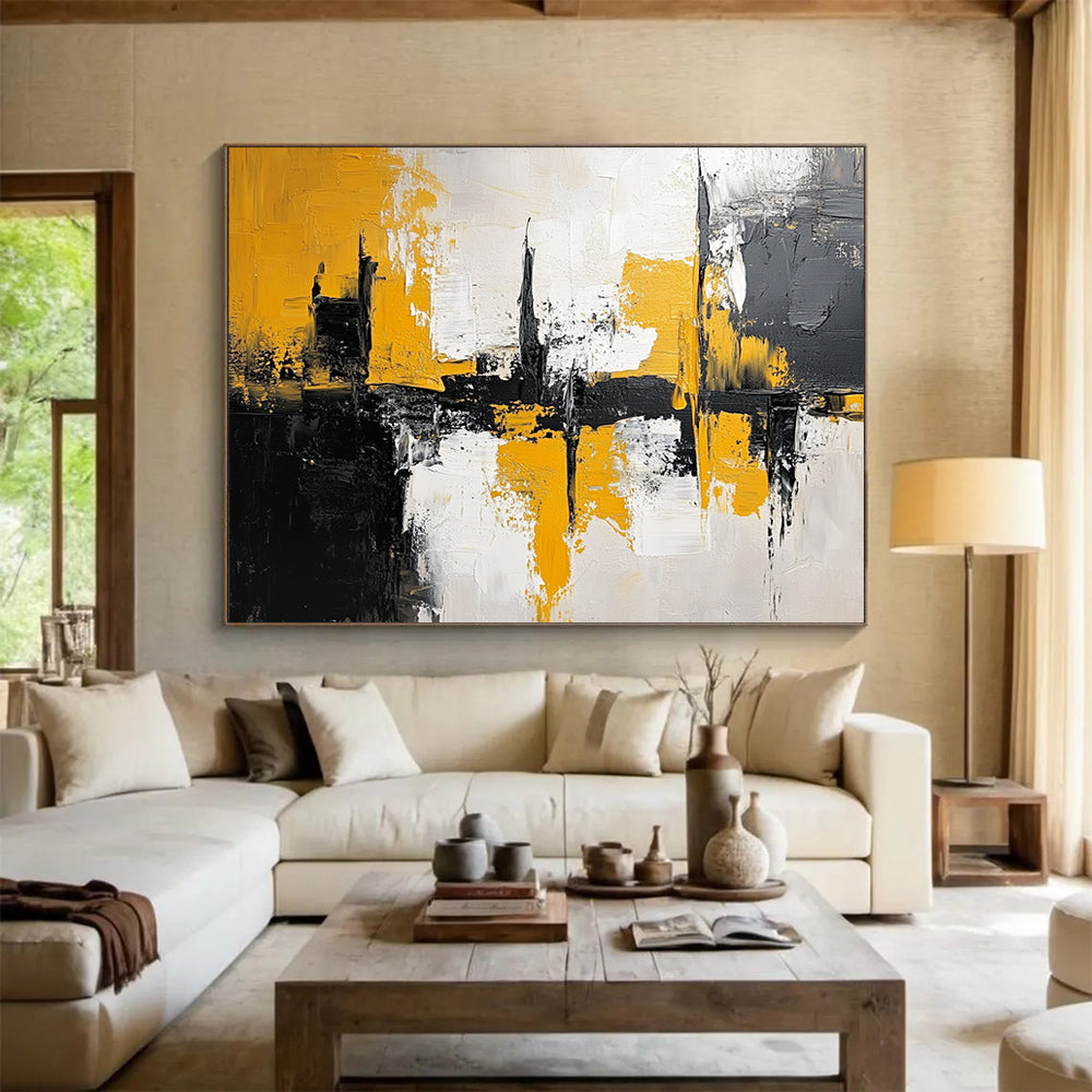 “Yellow - Black Urban Abstract Reflection” - Yellow, Black, Gray, White, Reflective Cityscape Painting On Canvas HB0813
