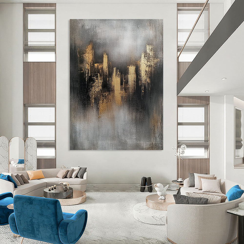 Contemporary abstract art featuring gray and gold skyline elements textured on canvas with a minimalist industrial feel and ambient lighting highlights. DLZ0520