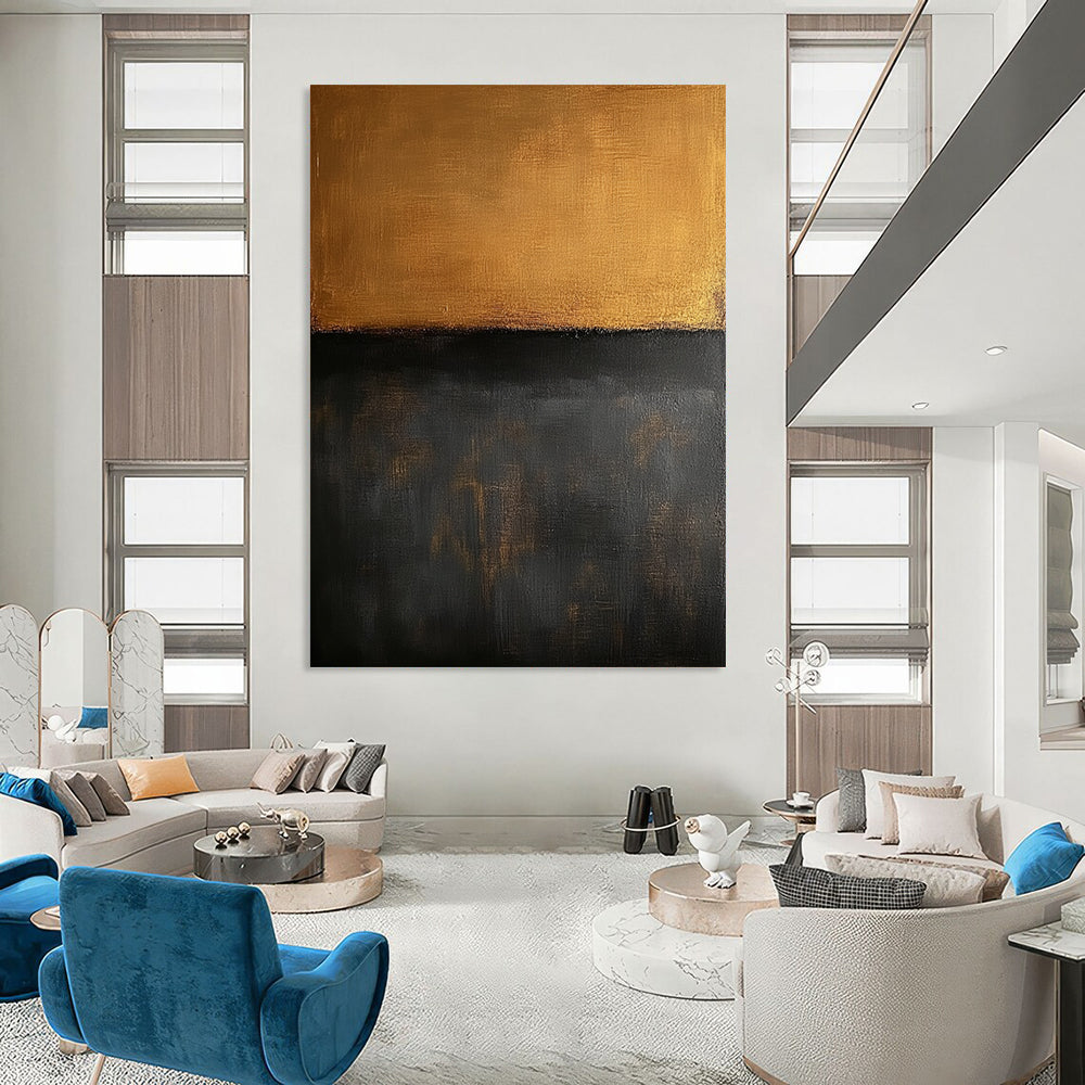Contemporary large hand-painted abstract art features a minimalist brown and dark gray oil on canvas background in the style of Mark Rothko. DLZ0700