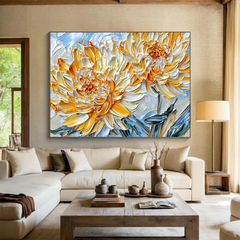 Yellow, White, Orange and Blue Textured Flower "Sunny Petals" Painting On Canvas HB0657