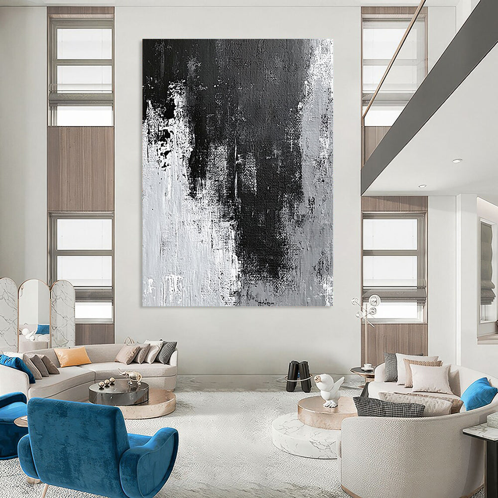 Contemporary hand-painted abstract artwork showcasing intricate gray and black textures with white wall effects and dynamic paint streaks and splashes. DLZ0395
