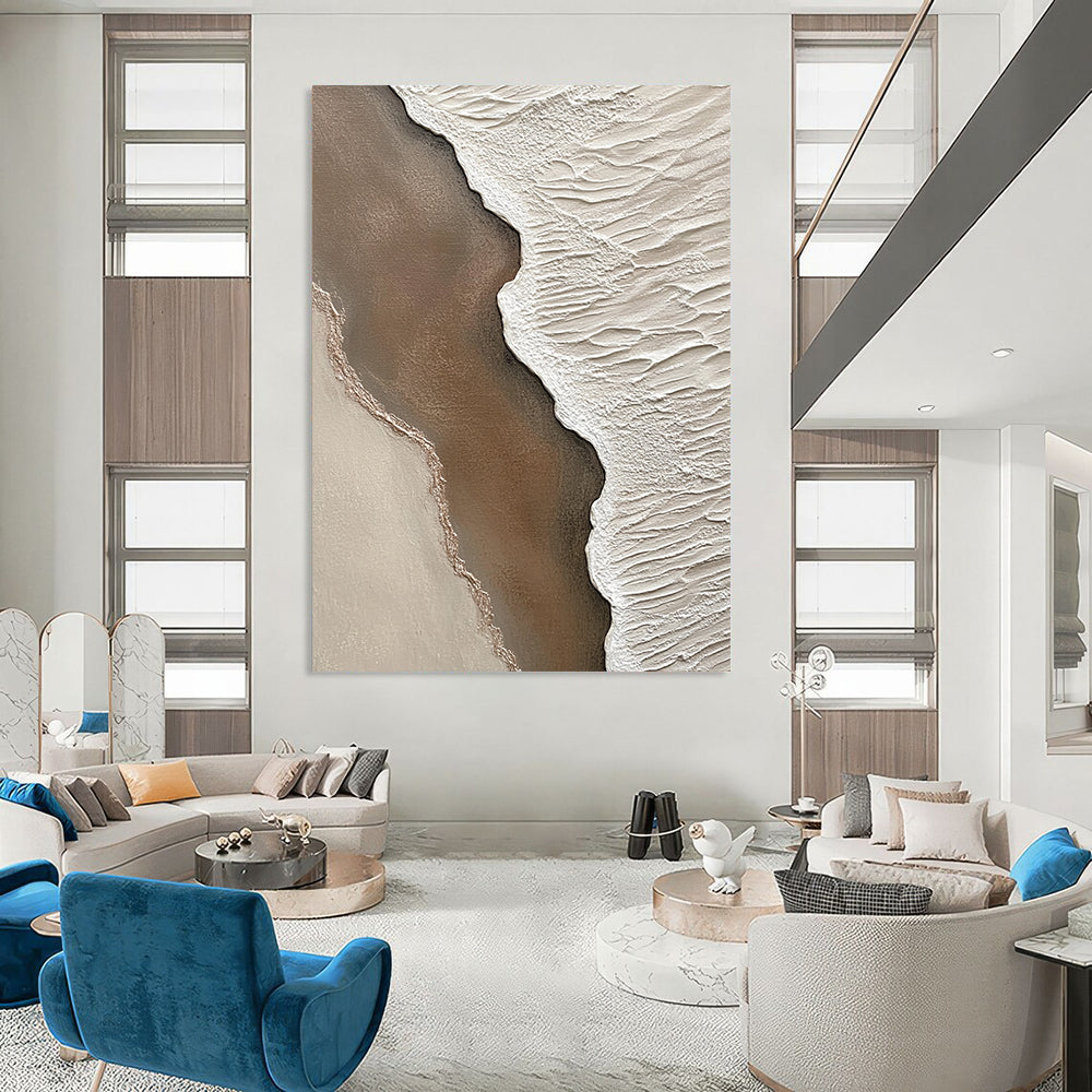 Contemporary abstract artwork highlighting textured sand and water at the beach with intricate details in brown and white creating a serene coastal atmosphere. DLZ1210