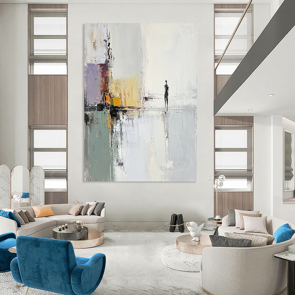 Large contemporary hand-painted abstract artwork featuring a woman by the water with soft tones and impressionist brushstrokes for a serene atmosphere. DLZ1397