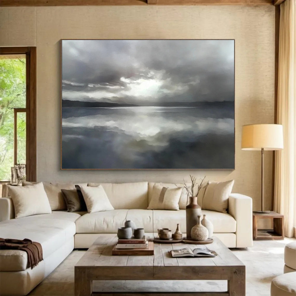 “Moody Lake Reflection” - Gray clouds reflected in a lake, Impressionist Landscape Painting On Canvas HB0551