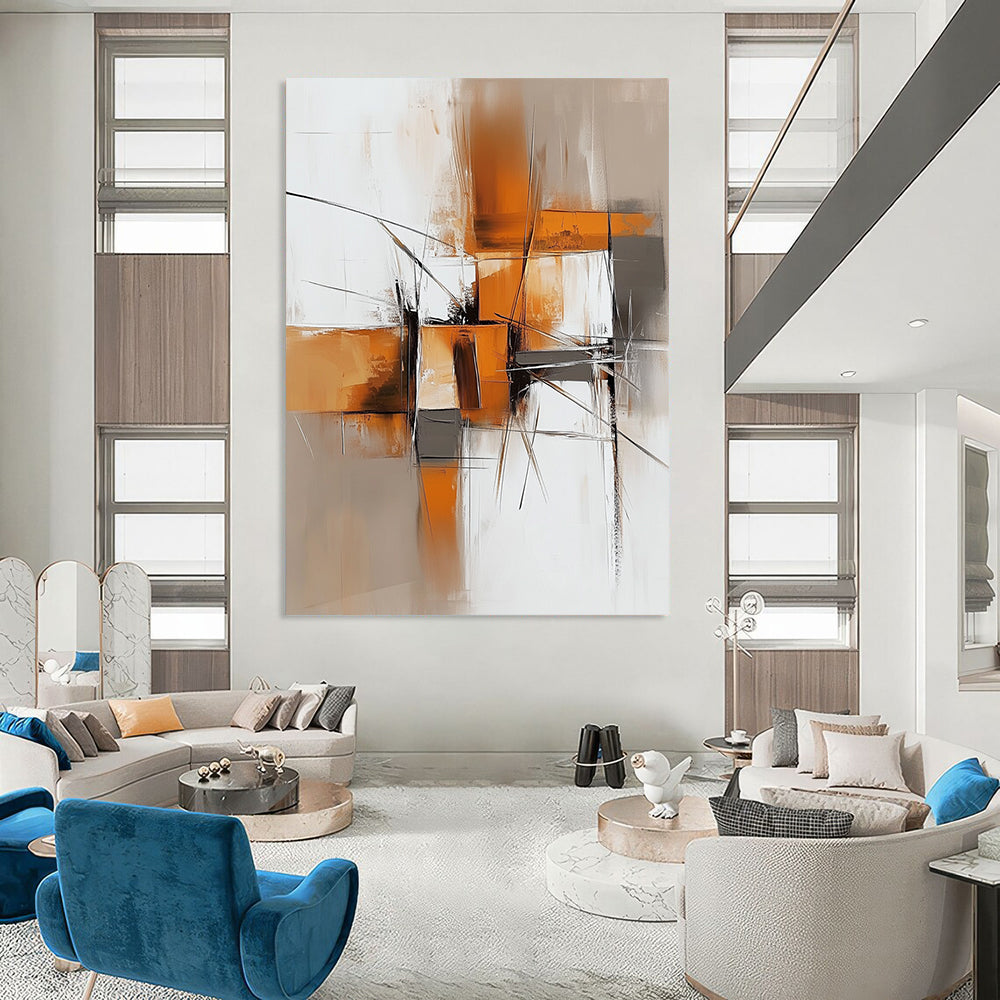 Contemporary hand-painted abstract artwork features light orange and dark gray tones with brush strokes and shapes on a textured white background. DLZ0680