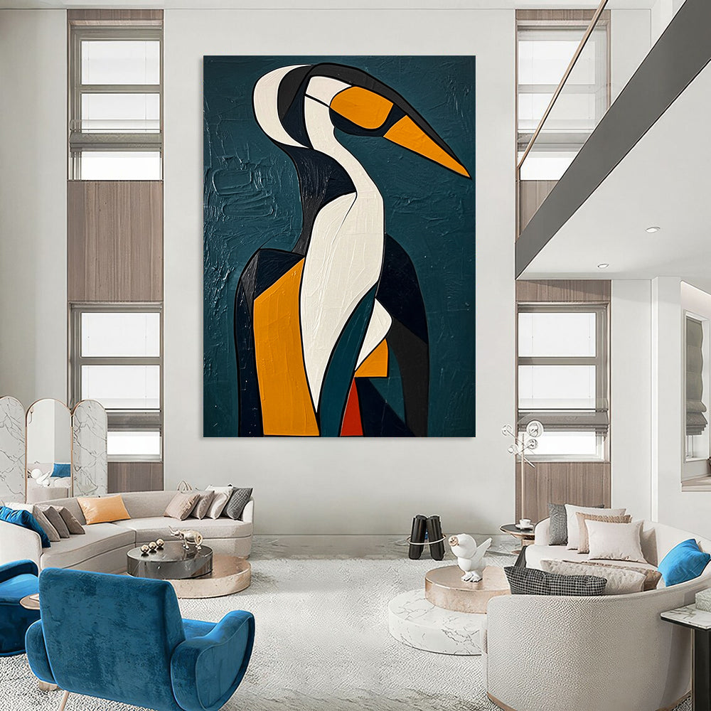 Contemporary abstract painting featuring a Cubist-inspired penguin with geometric woman amidst dark blue-green background and thick brushstrokes. DLZ1433