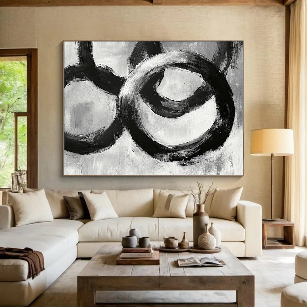 “Interlocking Black Rings” - Blacks, Whites, Grays, Abstract Circular Forms - Acrylic Painting HB1622