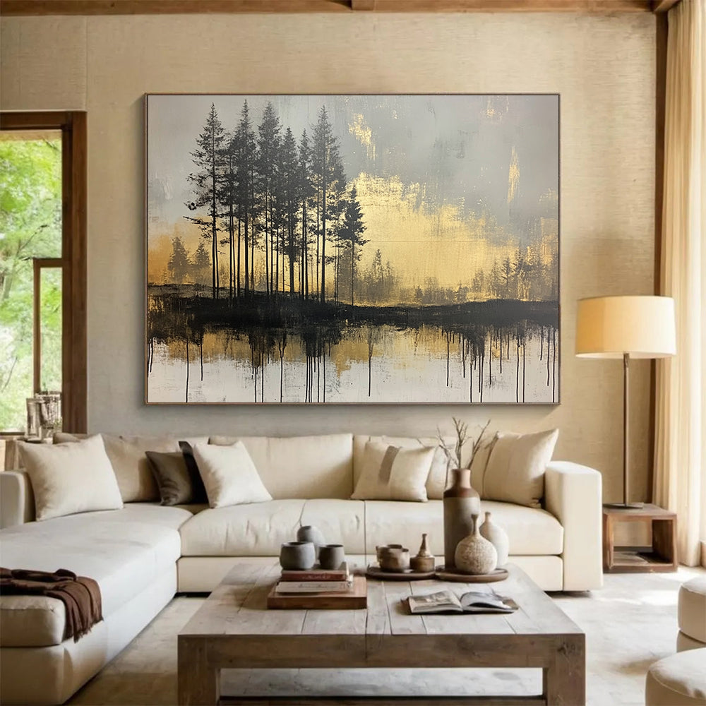“Golden Forest Reflection” - Black, Gold, Gray, Silhouetted Trees and Reflective Water Painting On Canvas HB0948