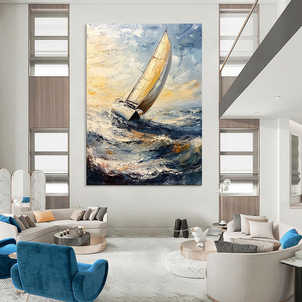 Contemporary impasto artwork depicting graceful sailboats under clear skies, featuring thick brush strokes and canvas texture, ideal for enhancing any space. DLZ1269