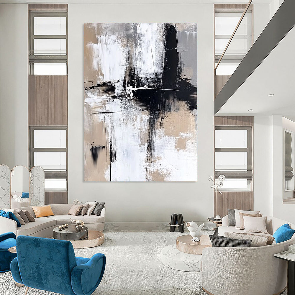 Contemporary hand-painted abstract art featuring bold brush strokes in neutral tones and striking paint splashes for a modern aesthetic. DLZ0306