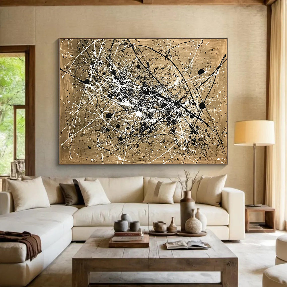 “Splattered Black and White on Gold” - Gold, Black, White, Abstract Splatter Art - Acrylic Painting HB1655