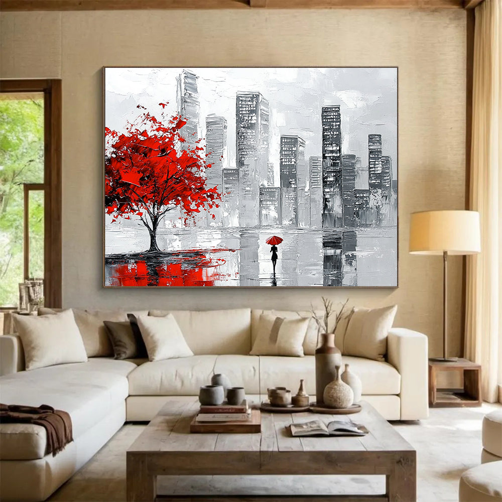 “Red Tree City Walk” - Red, Gray, Black, Urban Scene with Figure - Impasto Acrylic Painting HB1673