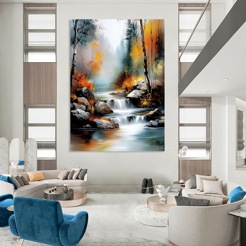 Contemporary abstract landscape featuring a tranquil river amid an autumn forest with misty hues and vibrant light effects in a digital watercolor style. DLZ1128