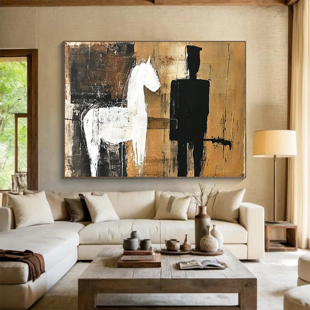 Brown, Black, and White Silhouettes - “Equestrian Silhouette” Painting On Canvas HB1455