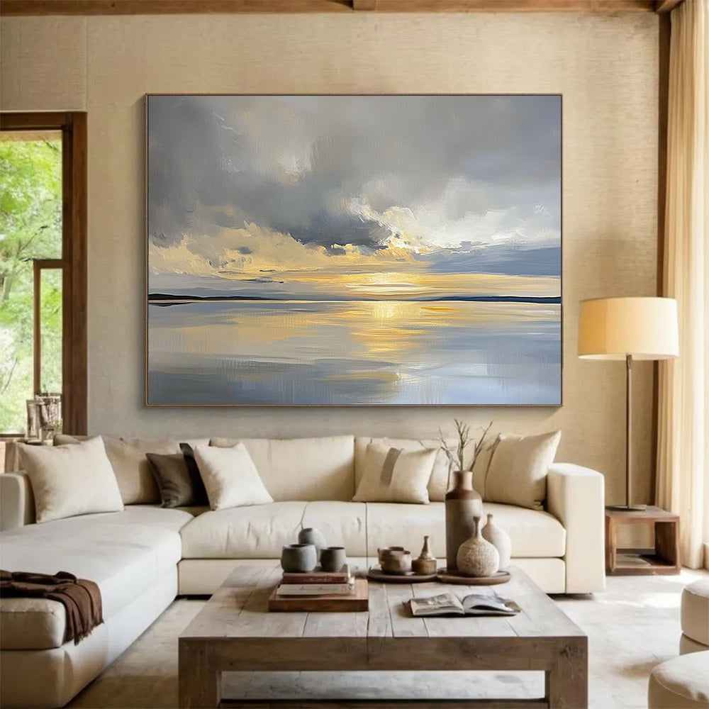 “Sunset Over Calm Waters” - Gray, Gold, Blue, Abstract Landscape Painting On Canvas HB0676