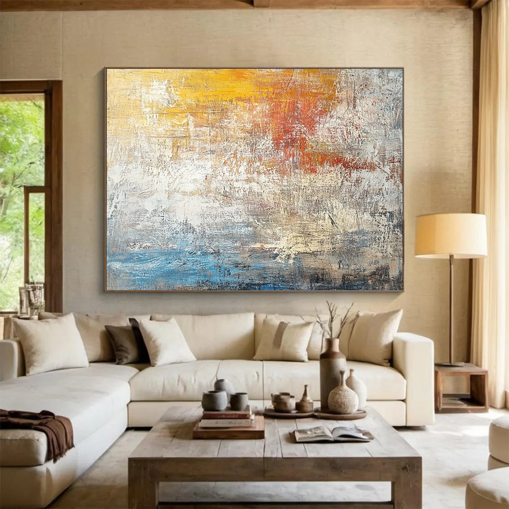 “Sunset Textures” - Yellow, Orange, Red, Blue, Layered Abstract Sunset Painting On Canvas HB1047