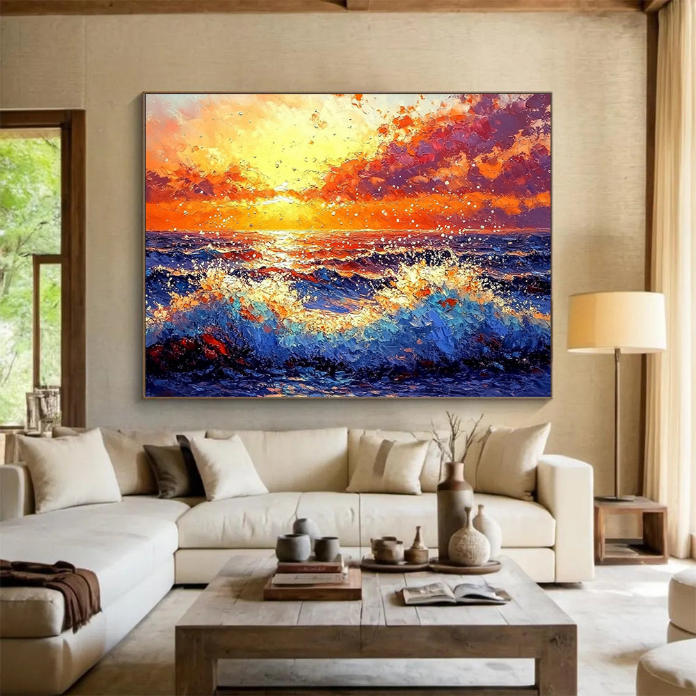 “Vibrant Sunset Ocean Waves” - Orange, Red, Purple, Blue, Crashing Waves - Impasto Oil Painting HB1698
