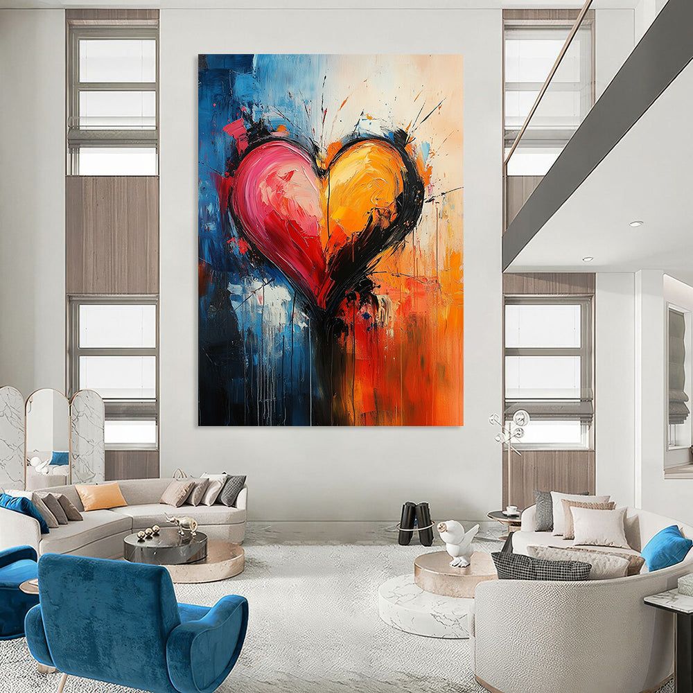Contemporary abstract art features a heart shape in vibrant swirling colors embodying passion with expressive brushwork and dynamic composition on canvas. DLZ1272