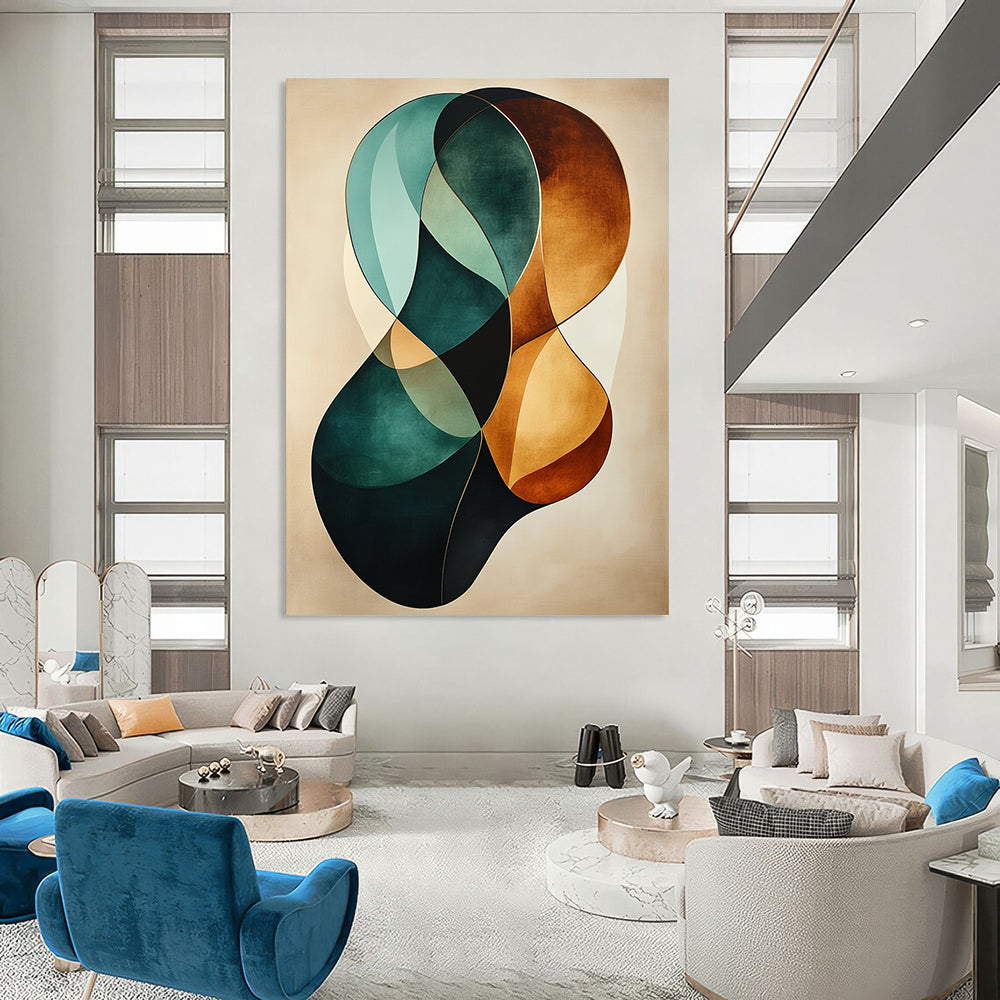 Abstract artwork features graceful teal and brown curves on a beige background with a gold border and a soft canvas texture. DLZ0737